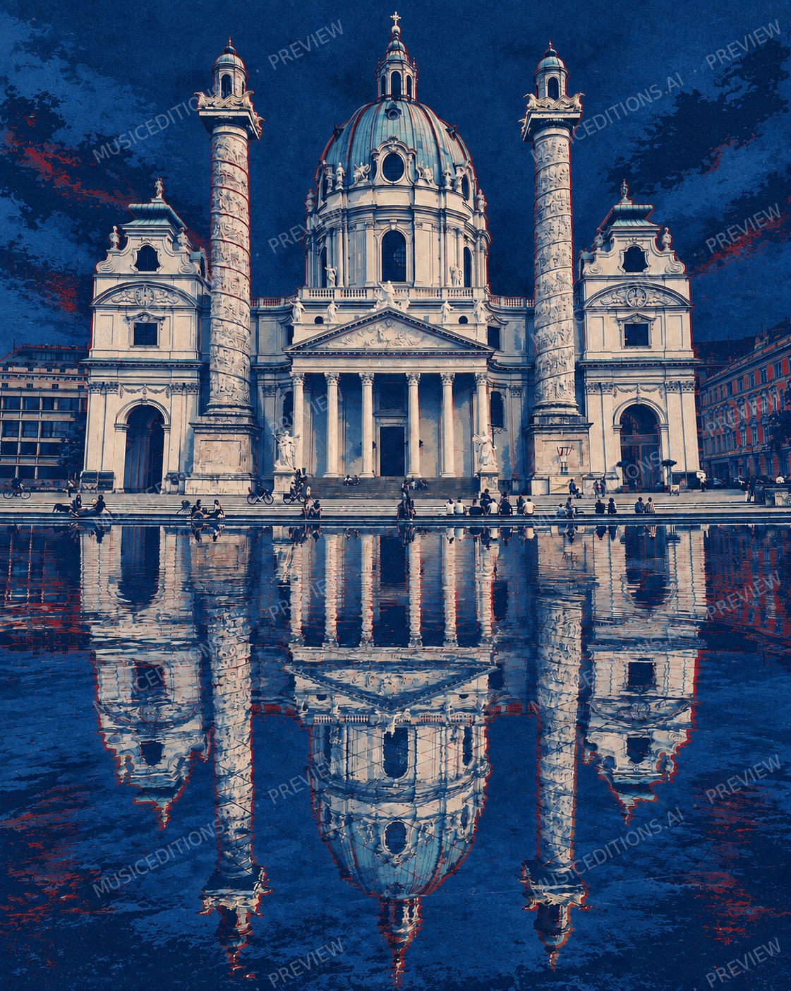 Blue-dominant abstracted and watermarked view of Karlskirche in Vienna